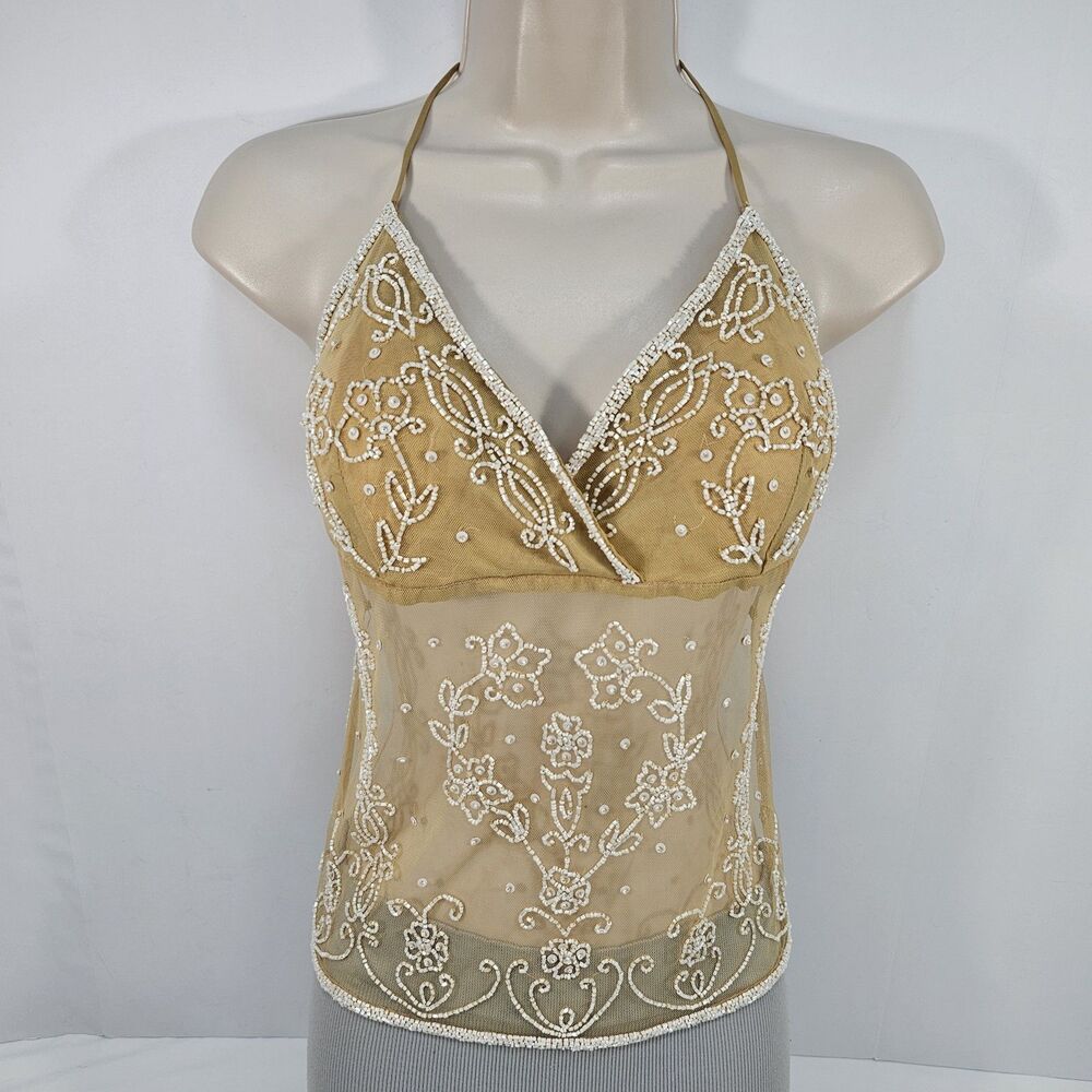 Vintage Y2K Lipstick Beaded Sheer Front/Backless Halter Tan & White Top Size L